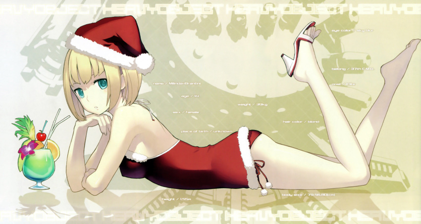 absurdres ass bare_shoulders barefoot blonde_hair breasts christmas covered_nipples dress feet female green_eyes hat head_rest heavy_object high_heels highres looking_at_viewer lying medium_breasts milinda_brantini nagi_ryou on_stomach panties parted_lips photoshop_(medium) red_panties red_skirt sandals santa_costume santa_hat shoes short_dress short_hair side-tie_panties single_shoe skirt solo strapless strapless_dress toeless_footwear underwear white_footwear