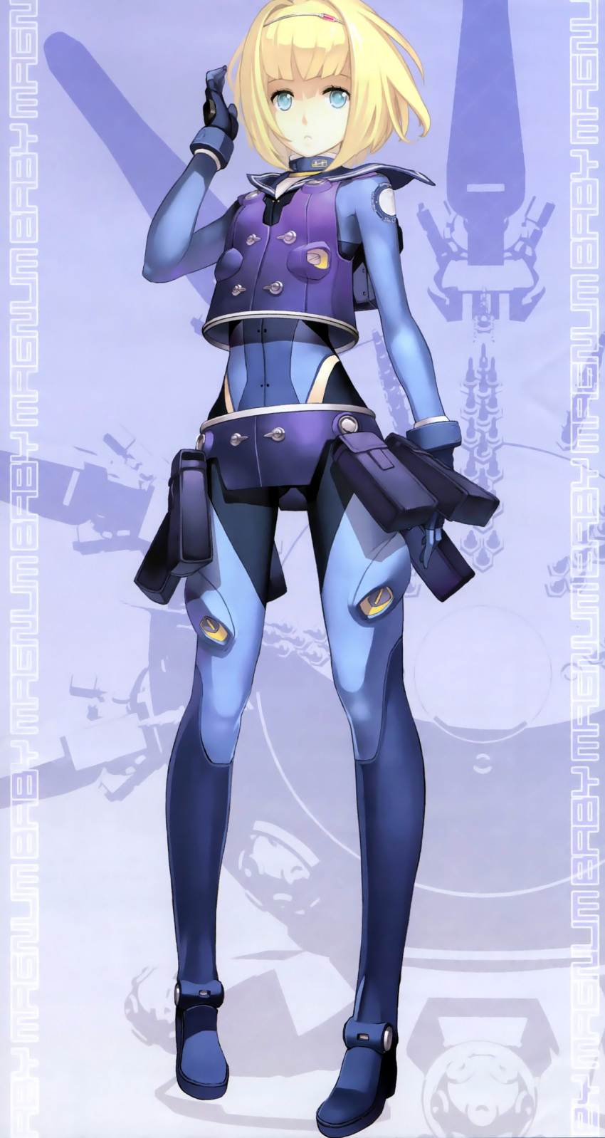 baby_magnum blonde_hair blue_eyes bodysuit cannon female hair_ornament heavy_object highres looking_at_viewer mecha milinda_brantini military military_uniform military_vehicle nagi_ryou non-humanoid_robot object_(vehicle) photoshop_(medium) pigeon-toed robot science_fiction short_hair solo standing uniform waist_cape