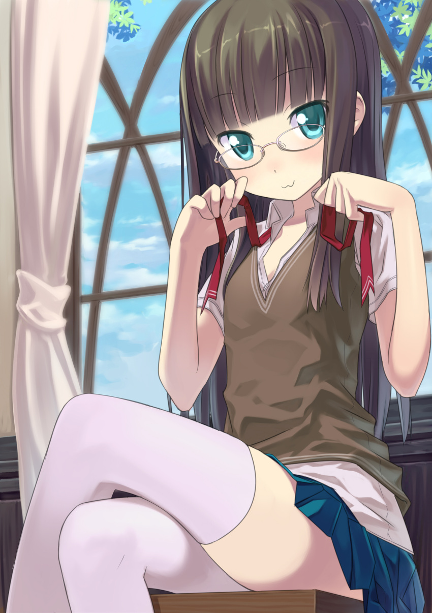 :3 absurdres aqua_eyes blunt_bangs blush brown_hair buntan cloud commentary_request crossed_legs curtains day female flat_chest from_below glasses highres long_hair looking_at_viewer neck_ribbon original pleated_skirt ribbon school_uniform short_sleeves sitting skirt solo sweater thighhighs thighs undressing v-neck white_thighhighs window