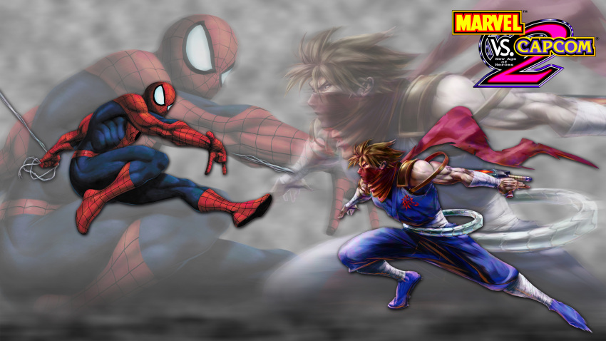 2boys capcom crossover epic fighting highres marvel marvel_vs._capcom marvel_vs._capcom_2 marvel_vs_capcom marvel_vs_capcom_2 multiple_boys official_art spider-man spider-man_(series) strider_hiryu strider_hiryuu sword weapon