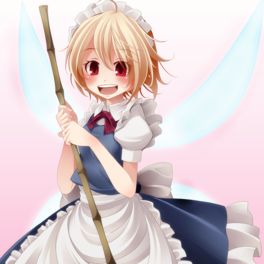 :d bad_id bad_pixiv_id bamboo_broom blonde_hair blush broom fairy_maid_(touhou) female highres maid_headdress open_mouth red_eyes short_hair smile solo touhou tsukishiro_saika upper_body wings