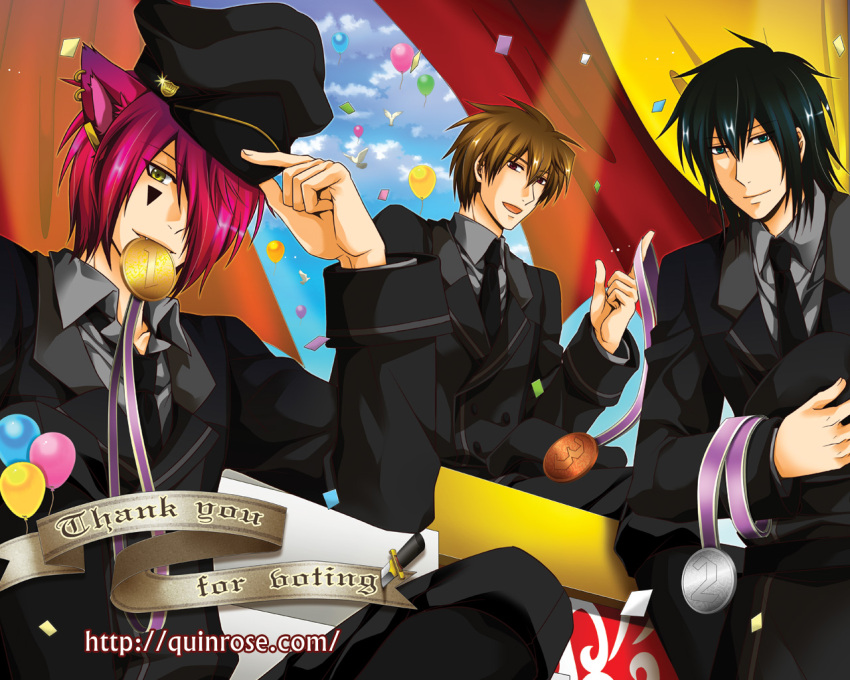 3boys ace_(kuni_no_alice) alternate_costume animal_ears artist_request balloon black_hair blood_dupre boris_airay brown_hair cat_ears earrings fangs fingernails grey_eyes hair_over_one_eye hat heart_no_kuni_no_alice jewelry male_focus medal multiple_boys necktie official_art peaked_cap pink_hair red_eyes tattoo uniform yellow_eyes