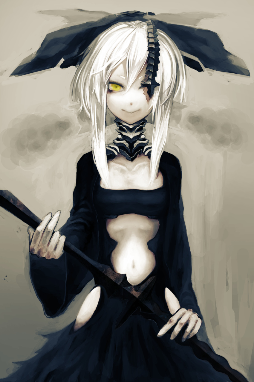 absurdres albino bone commentary_request dress female goth_fashion highres navel original partial_commentary scar solo staff tmt white_hair