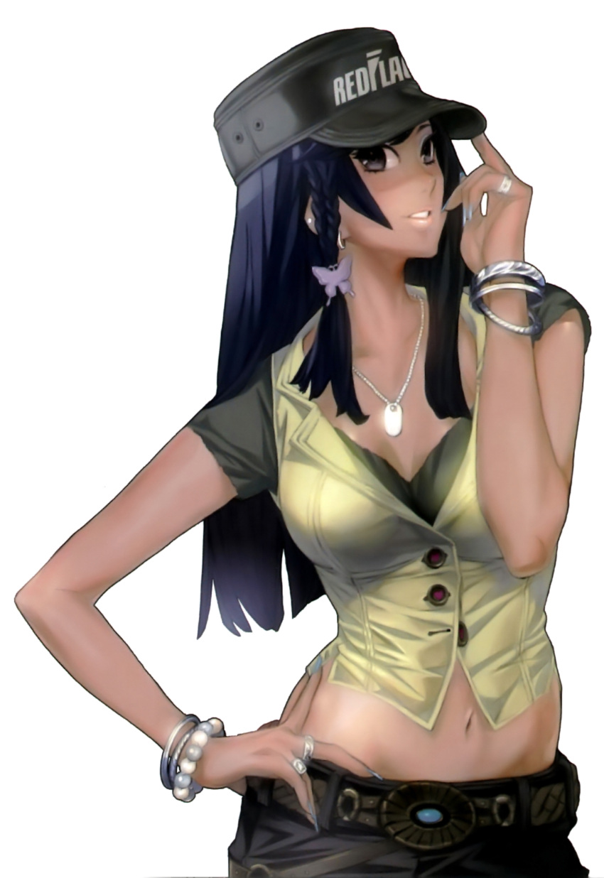 absurdres belt black_eyes black_hair bracelet braid breasts butterfly_hair_ornament cleavage dark-skinned_female dark_skin dennis_cunningham female fingernails grin hair_ornament hand_on_own_hip hat highres jewelry lequios lips long_hair maeshima_shigeki medium_breasts midriff nail_polish navel photoshop_(medium) ring side_braid simple_background smile solo vest white_background