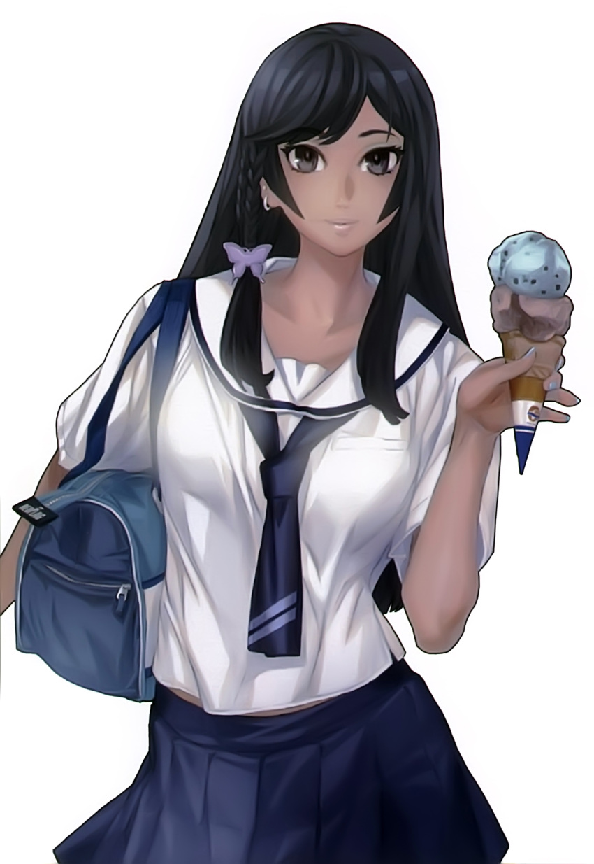 absurdres bag black_eyes black_hair braid butterfly_hair_ornament dark-skinned_female dark_skin dennis_cunningham female fingernails food hair_ornament highres ice_cream ice_cream_cone lequios lips long_hair maeshima_shigeki nail_polish photoshop_(medium) school_bag school_uniform side_braid simple_background smile solo white_background