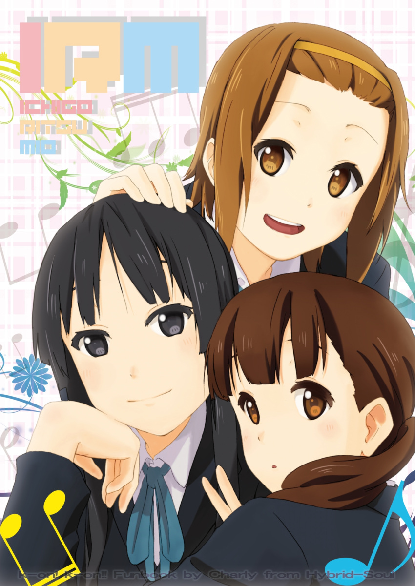 3girls akiyama_mio black_eyes black_hair brown_eyes brown_hair commentary_request cover extra hairband highres k-on! long_hair multiple_girls sakuragaoka_high_school_uniform school_uniform short_hair tainaka_ritsu twintails wakaouji_ichigo zasshu_tamashii