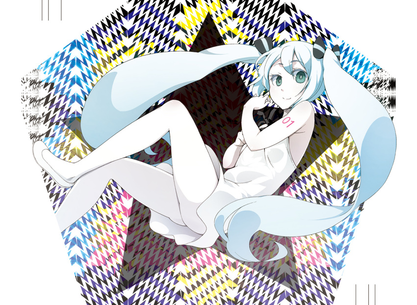 blue_eyes blue_hair commentary_request dress female hatsune_miku kabayaki_unagi legs long_hair pale_skin pantyhose shoes short_dress smile solo twintails very_long_hair vocaloid white_pantyhose