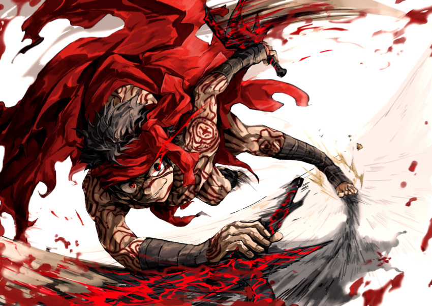 1boy action angra_mainyu_(fate) bandana barefoot black_eyes black_hair commentary_request dagger dark-skinned_male dark_skin fate/hollow_ataraxia fate_(series) full-body_tattoo headband knife male_focus reverse_grip running solo tattoo tawrich_&_zarich topless_male toriko_(hatoriko) weapon