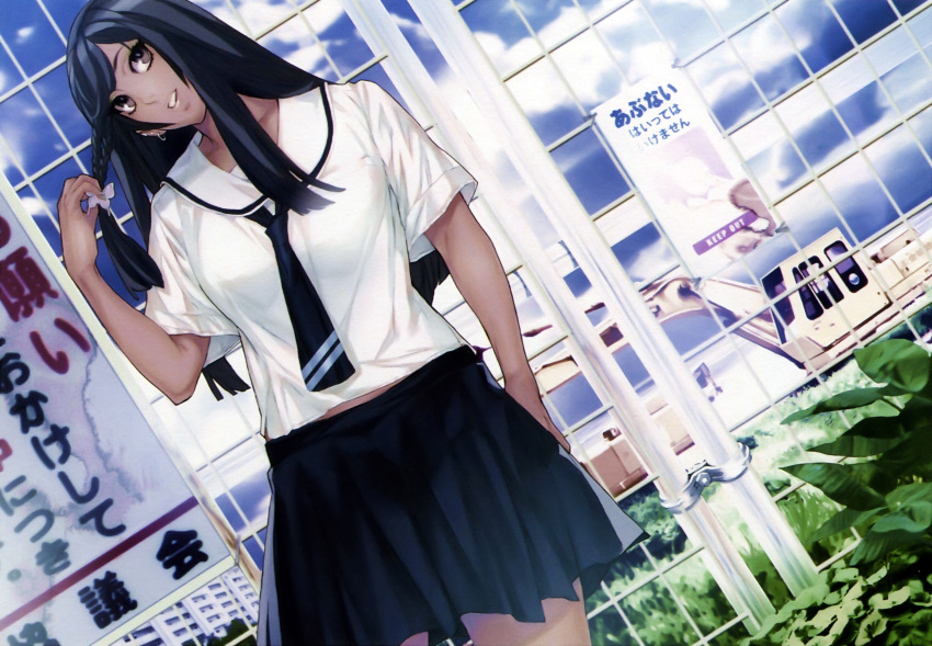 absurdres black_eyes black_hair braid butterfly_hair_ornament dark-skinned_female dark_skin dennis_cunningham dutch_angle earrings female hair_ornament highres jewelry lequios long_hair maeshima_shigeki photoshop_(medium) reflection school_uniform side_braid skirt smile solo