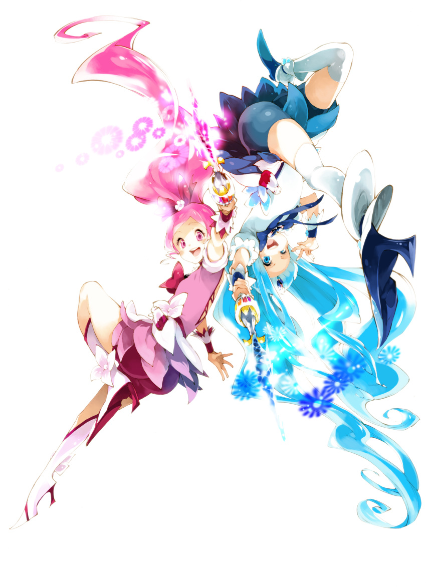 2girls bad_id bad_pixiv_id bike_shorts blue_eyes blue_hair blue_skirt boots bow cure_blossom cure_marine dress enouchi_ai hanasaki_tsubomi heartcatch_precure! high_ponytail highres knee_boots kurumi_erika multiple_girls pink_bow pink_eyes pink_hair precure shorts shorts_under_skirt skirt white_background