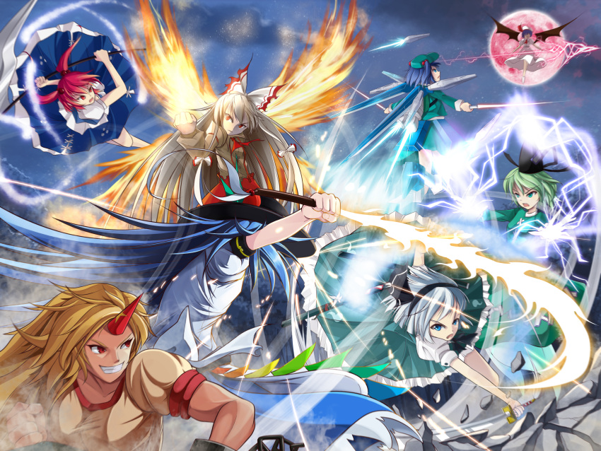 >:( 6+girls :o absurdres bat_wings battle blonde_hair blue_eyes blue_hair blurry cloud commentary defense_of_the_ancients defense_of_the_shrine destruction dota_(series) dress electricity energy_sword fiery_wings fighting_stance fire from_behind frown fujiwara_no_mokou full_moon green_eyes green_hair grin hair_ornament hat highres hinanawi_tenshi horns hoshiguma_yuugi katana kawashiro_nitori konpaku_youmu long_hair mechanical_wings moon multiple_girls multiple_wings muscular onozuka_komachi photoshop_(medium) polearm red_eyes red_hair red_moon remilia_scarlet scythe shinebell short_hair single_horn sky smile soga_no_tojiko spear spear_the_gungnir sword touhou v-shaped_eyebrows very_long_hair weapon white_hair wings