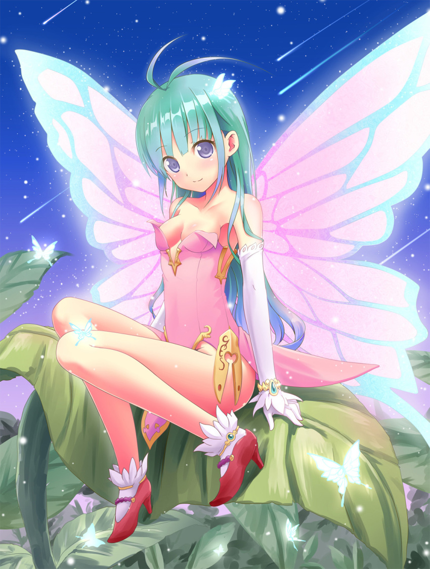 akkijin antenna_hair bad_id bad_pixiv_id blue_eyes breasts bug butterfly butterfly_wings cleavage elbow_gloves fairy female gloves green_hair highres insect_wings large_wings leaf leotard long_hair mini_person minigirl original photoshop_(medium) pink_leotard pink_wings sitting small_breasts smile solo white_gloves wings