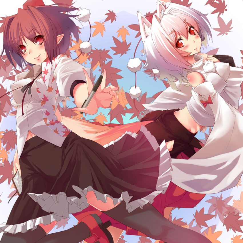 2girls animal_ears black_thighhighs brown_hair commentary_request detached_sleeves dress_shirt geta hat highres inubashiri_momiji karochii leaf multiple_girls navel pen pointy_ears red_eyes shameimaru_aya shirt short_hair skirt sleeves_past_wrists thighhighs tokin_hat touhou white_hair wolf_ears