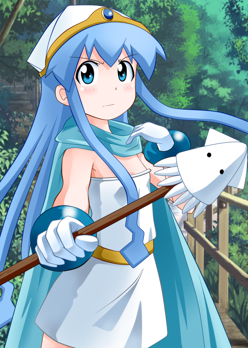 blue_eyes blue_hair cape commentary_request cosplay dragon_quest dragon_quest_iii female gloves hat highres ikamusume long_hair md5_mismatch rokushaku_neko sage_(dq3) sage_(dq3)_(cosplay) shinryaku!_ikamusume solo tentacle_hair white_gloves