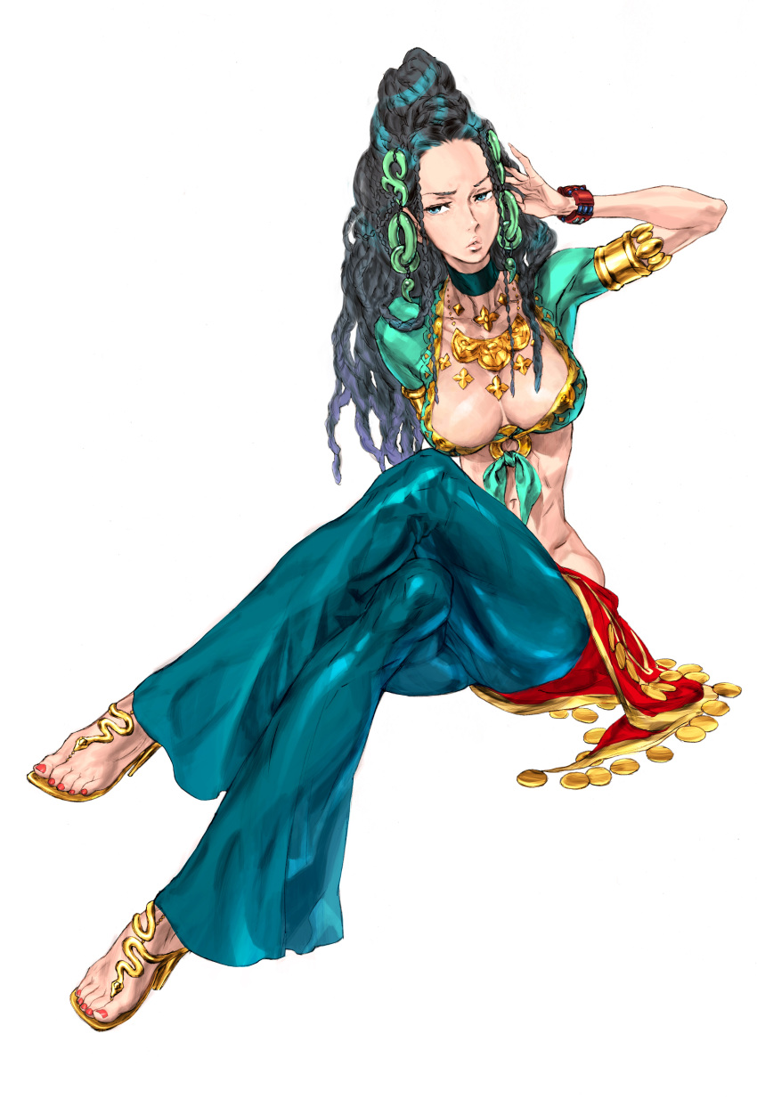 :o absurdres black_hair bracelet breasts cleavage crop_top crossed_legs dancer dreadlocks female front-tie_top high_heels highres jewelry kyokugen_dasshutsu kyokugen_dasshutsu:_9_jikan_9_nin_9_no_tobira large_breasts long_hair midriff nail_polish navel nishimura_kinu o-ring o-ring_top official_art pants red_nails sandals shoes sitting solo toenail_polish toenails yashiro_(kyokugen_dasshutsu)