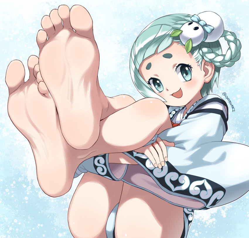 ainu_clothes artist_name ass barefoot blue_background blush braid character_request crossed_arms crossed_legs eyelashes feet feet_up female fingernails foot_focus foreshortening green_eyes green_hair hair_ornament highres holding japanese_clothes legs legs_up looking_at_viewer open_mouth oyatsu_(mk2) panties pov robe short_hair simple_background sitting smile snowman snowman_hair_ornament soles solo thick_eyebrows toes tongue underwear wonderland_wars yukuikoro