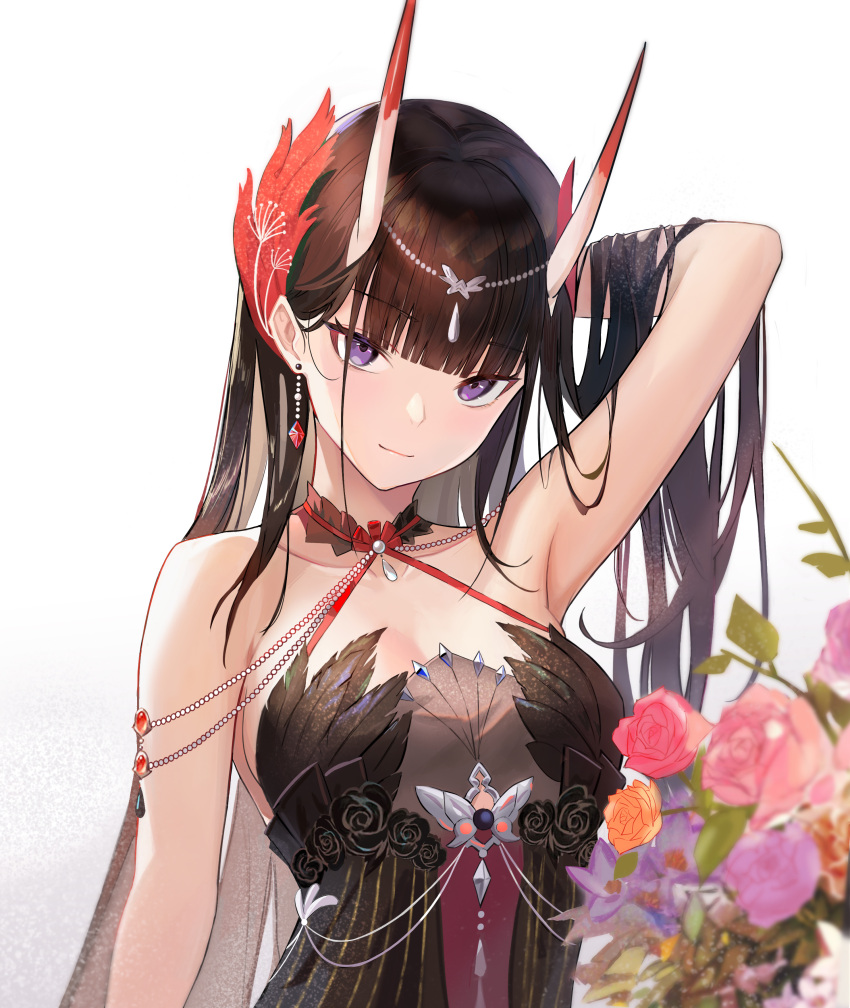 absurdres arm_up armpits azur_lane bare_shoulders black_dress black_hair blunt_bangs blurry blurry_foreground breasts circlet cleavage closed_mouth collarbone depth_of_field dress earrings female flower hand_in_own_hair highres horns jewelry long_hair looking_at_viewer medium_breasts noshiro_(a_tale_of_two_lovers)_(azur_lane) noshiro_(azur_lane) oni_horns orange_flower orange_rose pink_flower pink_rose purple_eyes rose shaobao_(sdhx3728) simple_background single_earring sleeveless sleeveless_dress smile solo upper_body white_background