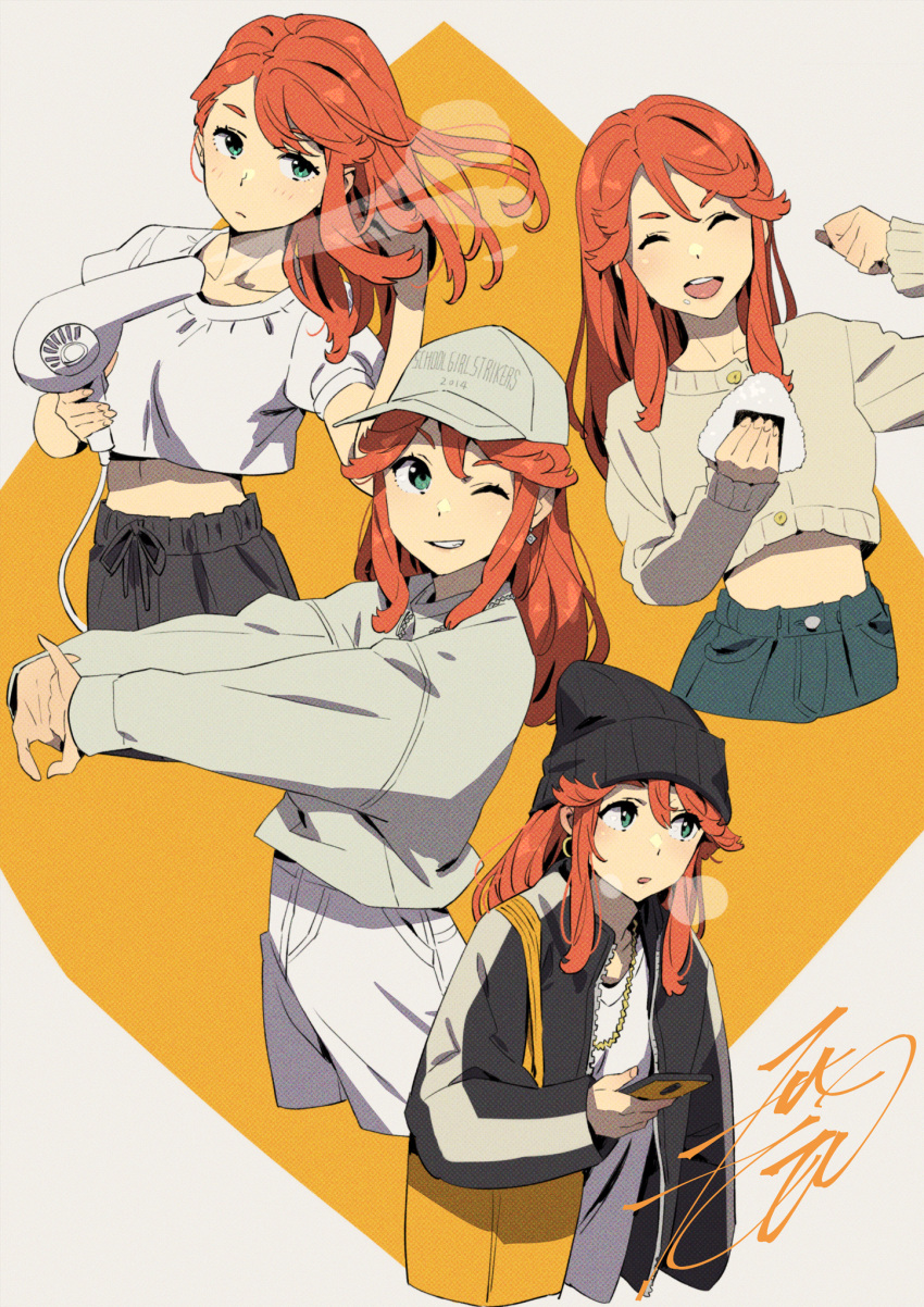 bag baseball_cap beanie black_headwear black_pants blue_pants cellphone collage cropped_legs female floating_hair food green_eyes hair_dryer hat highres jacket jewelry kobayashi_gen long_hair looking_at_viewer midriff monica_blueash necklace one_eye_closed onigiri open_mouth orange_hair outstretched_arms pants phone school_girl_strikers shirt shoulder_bag sidelocks signature simple_background smartphone smile white_pants white_shirt