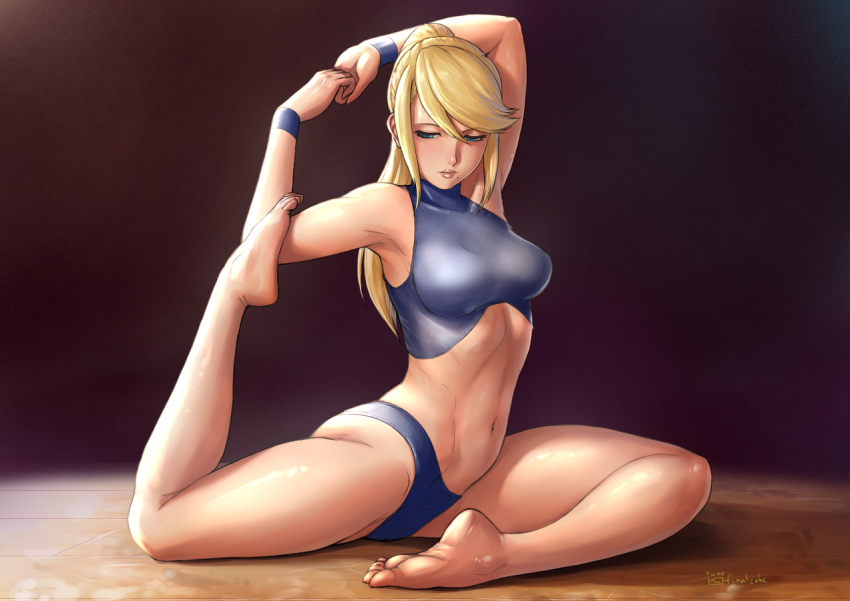 artist_name barefoot bikini blonde_hair blue_bikini blue_eyes blue_wristband breasts dark_background feet female finalcake flexible gymnastics leg_up lips looking_down medium_breasts metroid mole mole_under_mouth navel own_hands_together pigeon_pose ponytail samus_aran solo sports_bikini stretching super_metroid swimsuit tank_top turtleneck wristband yoga