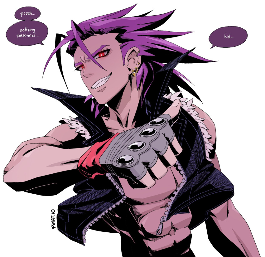 1boy abs antenna_hair catchphrase coldsteel_the_hedgehog colored_skin commentary ear_piercing english_commentary english_text fingerless_gloves gloves grin highres humanization jacket looking_at_viewer male_focus meme nothing_personnel_kid_(meme) oerba_yun_fang open_clothes open_jacket piercing pikat purple_hair purple_skin red_eyes simple_background sleeveless smile solo sonic_(series) speech_bubble thumbs_up typo upper_body white_background zipper