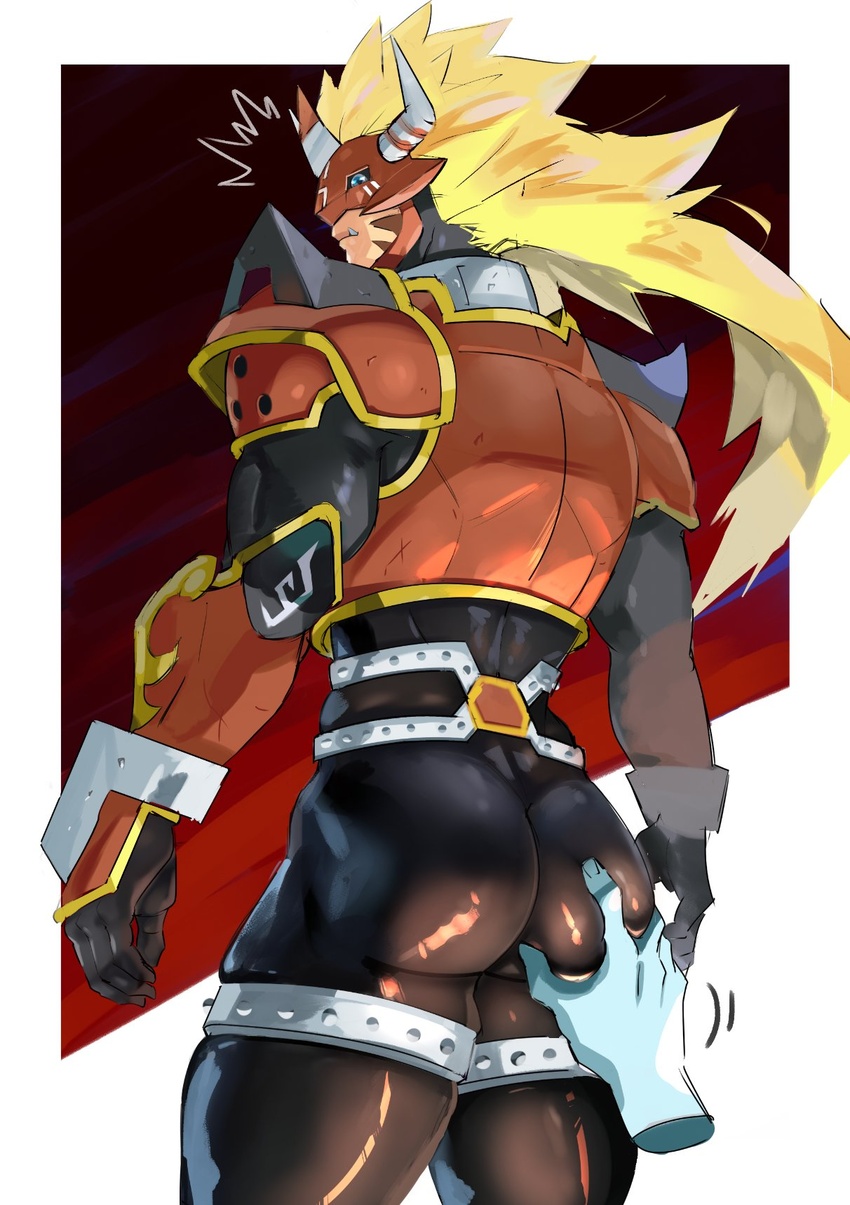 1boy agnimon armor ass ass_focus ass_grab bad_id bad_twitter_id bara black_bodysuit blonde_hair blush bodysuit digimon digimon_(creature) disembodied_hand from_behind highres horns inactive_account latex_pants long_hair male_focus mask muscular muscular_male oerba_yun_fang skin_tight skindentation solo_focus thick_thighs thighs tofu_(tofulabo) tusks