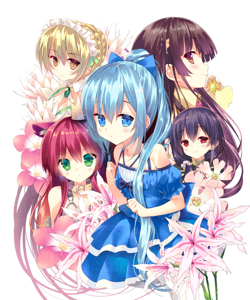 5girls absurdres animal_ears arikawa_satoru bad_id bare_shoulders black_hair blonde_hair blue_bow blue_dress blue_eyes blue_hair blush bow braid brown_eyes brown_hair cat_ears cover_image cowboy_shot crown dress expressionless flower flower_knight_girl french_braid frills green_eyes hairband hairbow hands_up highres ionocidium_(flower_knight_girl) long_hair looking_at_viewer mini_crown multiple_girls name_connection nerine_(flower_knight_girl) night_phlox_(flower_knight_girl) novel_illustration object_namesake off-shoulder_dress off_shoulder official_art photoshop_(medium) ponytail raiongoroshi_(flower_knight_girl) red_eyes red_hair short_hair smile suiren_(flower_knight_girl) white_background