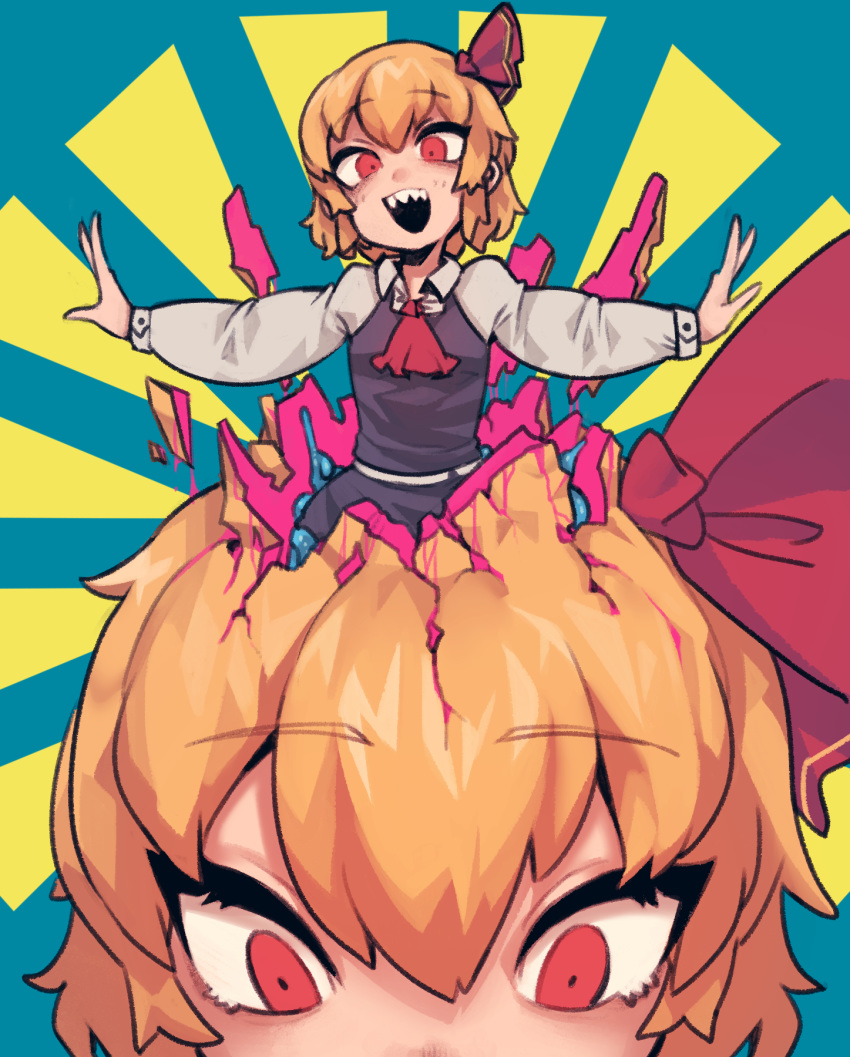 :d ascot black_vest blonde_hair blue_background crack female hair_between_eyes hair_ribbon highres kago_shintarou long_sleeves looking_at_viewer nyong_nyong open_mouth outstretched_arms parody red_ascot red_eyes red_ribbon ribbon rumia sharp_teeth short_hair smile teeth touhou vest