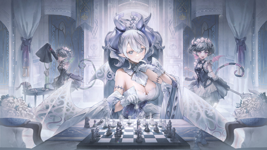 18_(backstreetno18) 4girls absurdres arianna_the_labrynth_servant arianne_the_labrynth_servant arm_up banner bare_shoulders bouquet breasts chess_piece chessboard chibi cleavage commentary curtains demon_girl demon_horns demon_tail demon_wings detached_collar detached_sleeves dress duel_monster finger_to_own_chin gloves green_eyes grey_eyes grey_hair highres holding_chess_piece horns indoors knight_(yu-gi-oh!) large_breasts lovely_labrynth_of_the_silver_castle low_wings maid maid_headdress multiple_girls open_mouth pink_eyes revision short_hair sitting sleeveless sleeveless_dress sleeves_past_fingers sleeves_past_wrists table tail throne white_dress wings yu-gi-oh!