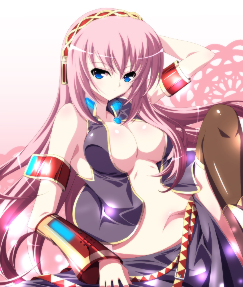 blue_eyes breasts cleavage commentary_request female highres ka2 large_breasts long_hair looking_at_viewer megurine_luka open_clothes pink_hair skirt solo thighhighs vocaloid