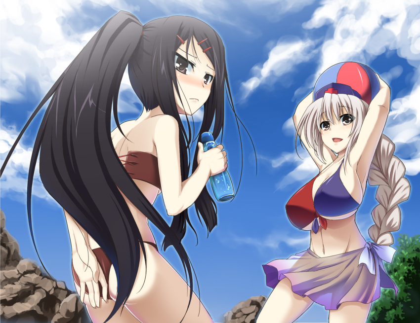 2girls :d alternate_hairstyle armpits arms_up ball beachball bikini black_hair blush bottle braid breasts brown_eyes commentary_request grey_hair hair_ornament hairclip highres holding houraisan_kaguya huge_breasts kokuyouseki long_hair looking_at_viewer multiple_girls navel open_mouth outdoors photoshop_(medium) ponytail purple_sarong sarong see-through see-through_sarong single_braid smile swimsuit touhou water_bottle yagokoro_eirin