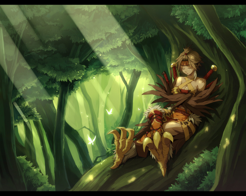 animal_feet animal_hands ars_goetia bird_wings breasts brown_hair brown_wings bug butterfly caim_(mygrimoire) claws cleavage closed_eyes commentary_request condenser_unit criss-cross_halter crossed_arms crossed_legs feathered_wings female forest full_body green_background halterneck harpy headband in_tree kyousaku letterboxed monster_girl mygrimoire nature short_hair sitting sitting_in_tree sleeping solo tree tribal winged_arms wings