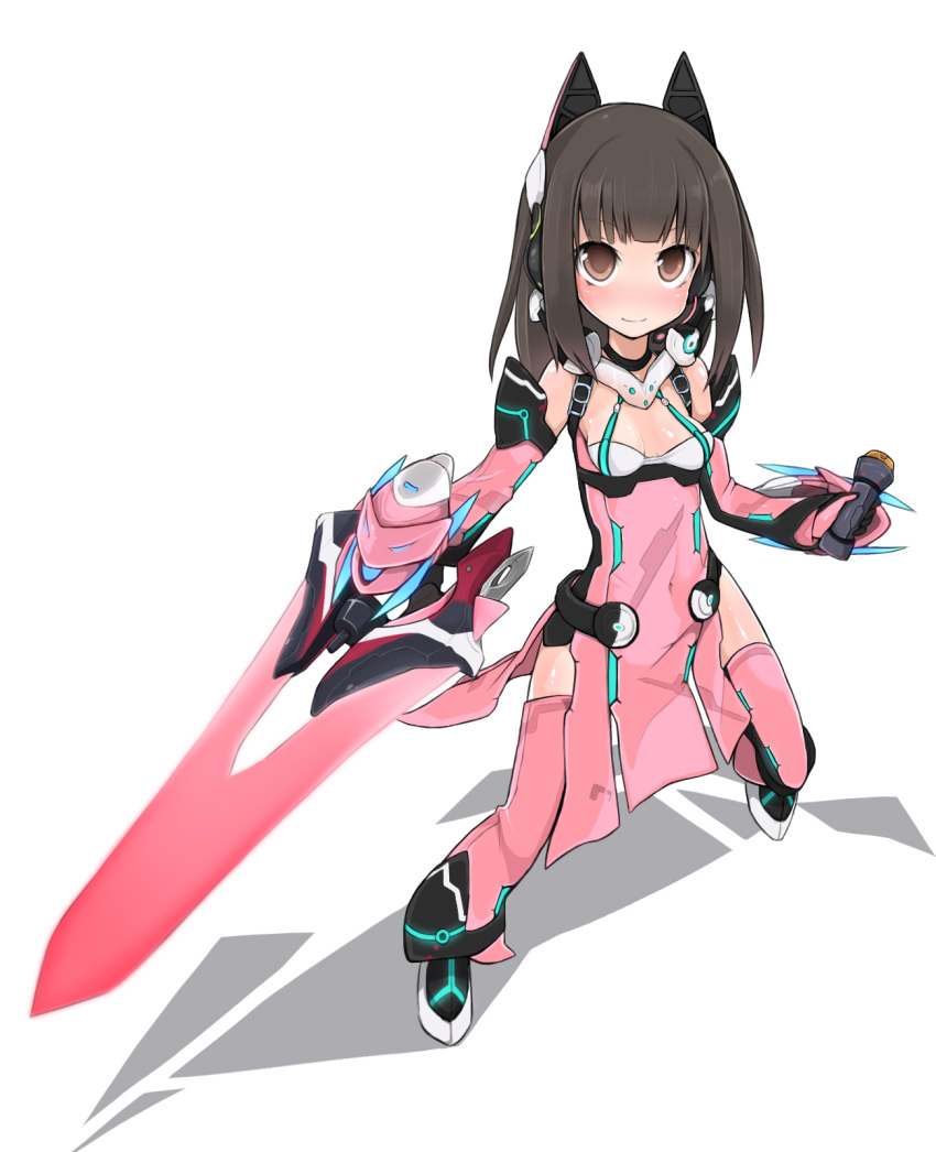 animal_ears ballistic_coat bare_shoulders black_hair blush brown_eyes commentary_request dress energy_sword energy_weapon female fighting_stance headset highres long_hair looking_at_viewer morino_donguri no_nose nose_blush phantasy_star phantasy_star_online_2 photoshop_(medium) simple_background smile solo standing sword thighhighs weapon white_background