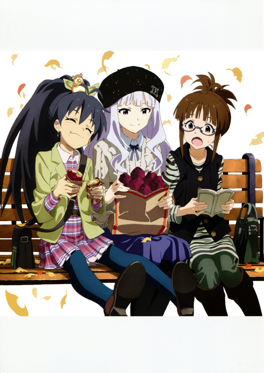 3girls absurdres akizuki_ritsuko autumn_leaves black_hair book brown_hair dangle_earrings earrings ganaha_hibiki glasses hamster hamuzou highres idolmaster idolmaster_(classic) jewelry long_hair matsuo_yuusuke multiple_girls necklace official_art pantyhose ponytail shijou_takane sweater white_hair