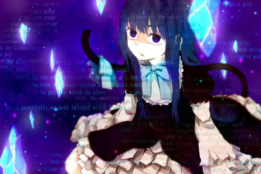 0930erina blue_eyes blue_hair bow cat_tail commentary_request dress female frederica_bernkastel kakera long_hair ribbon solo star_(symbol) tail text_focus umineko_no_naku_koro_ni