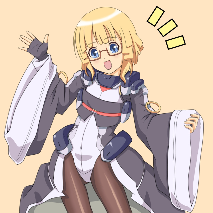 :d adele_balfetto black_legwear blonde_hair blue_eyes bodysuit female female glasses hamachixyz kyoukai_senjou_no_horizon kyoukaisenjou_no_horizon open_mouth smile solo