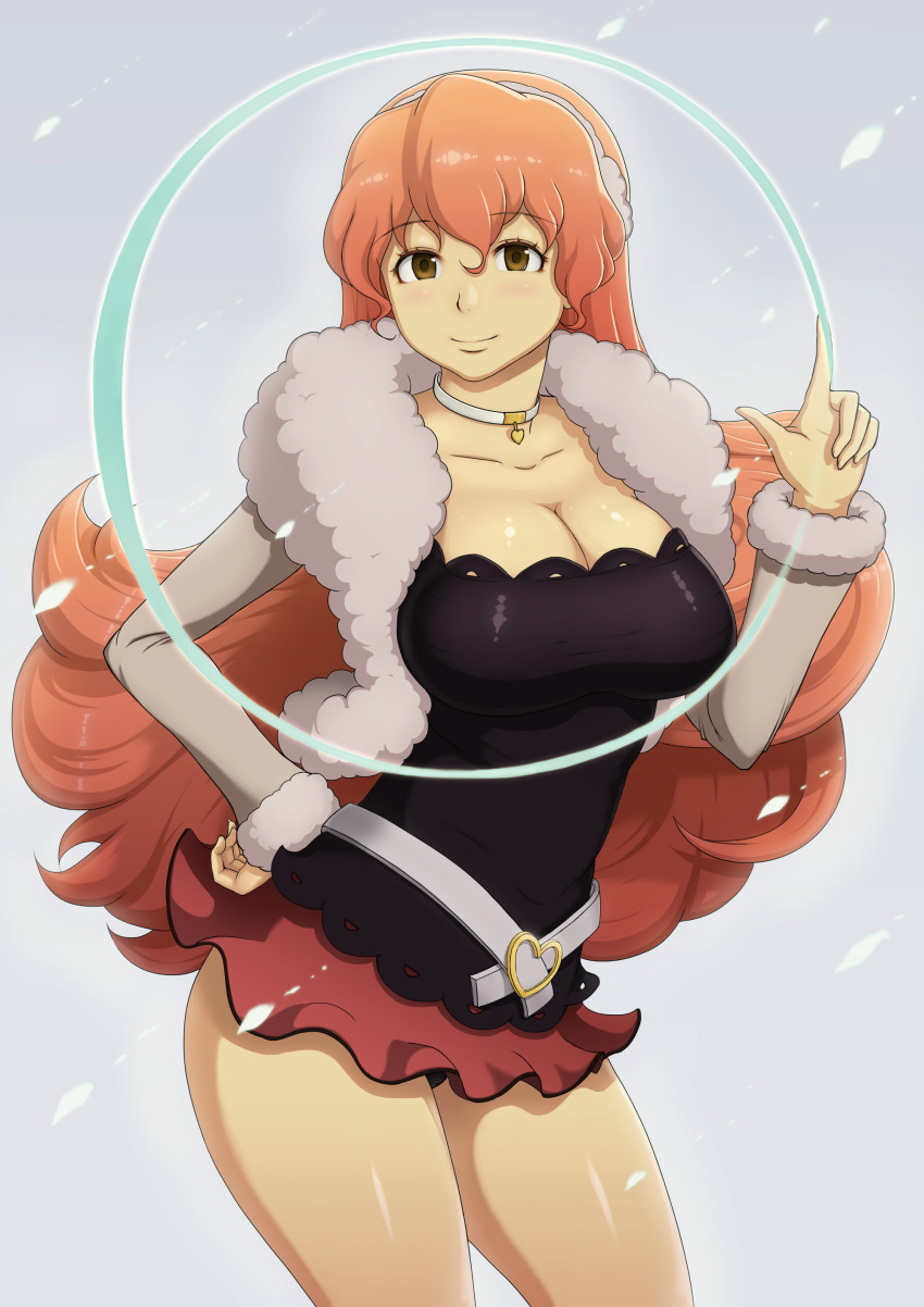 absurdres ao_madoushi belt breasts choker circle cleavage commentary_request curvy earmuffs female fur_trim hand_on_own_hip heart highres large_breasts long_hair maru_(lagrange) miniskirt muginami orange_hair panties pantyshot pointing rinne_no_lagrange shiny_clothes skirt solo thighs underwear very_long_hair yellow_eyes