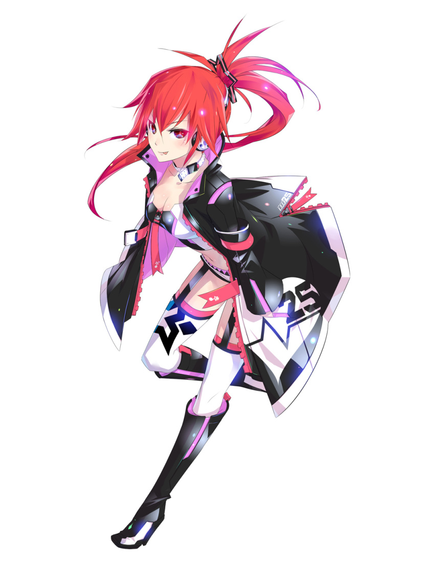 :p boots cul duplicate female full_body headphones highres jacket long_hair looking_at_viewer monq pixel-perfect_duplicate ponytail red_eyes red_hair shorts simple_background smile solo thigh_strap thighhighs tongue tongue_out vocaloid