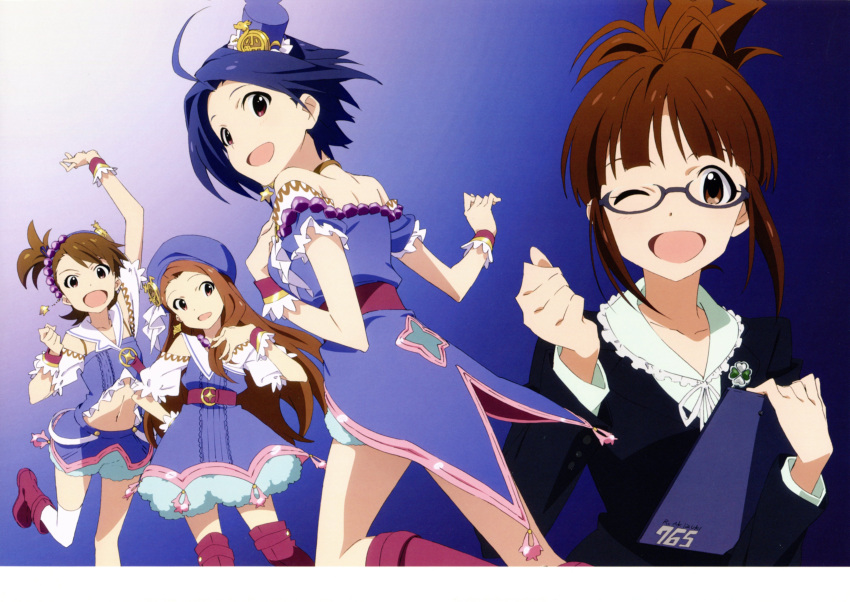 4girls :d ;d absurdres ahoge akizuki_ritsuko blue_hair boots brown_eyes brown_hair choker dress earrings folded_ponytail futami_ami glasses happy hat highres idolmaster idolmaster_(classic) iizuka_haruko jewelry long_hair minase_iori miura_azusa multiple_girls one_eye_closed open_mouth palace_of_dragon_(idolmaster) red_eyes ryuuguu_komachi_(idolmaster) scan short_hair shorts side_ponytail smile star_(symbol) thighhighs