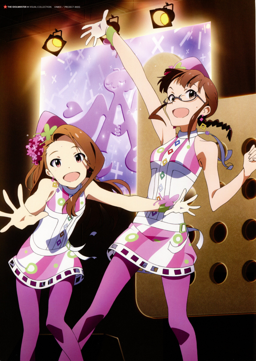 2girls :d absurdres akai_toshifumi akizuki_ritsuko arm_up brown_eyes brown_hair forehead glasses hat highres idolmaster idolmaster_(classic) imageboard_desourced minase_iori multiple_girls non-web_source official_art open_mouth outstretched_arm outstretched_arms outstretched_hand pantyhose ponytail princess_melody_(idolmaster) purple_legwear semi-rimless_eyewear smile spotlight under-rim_eyewear