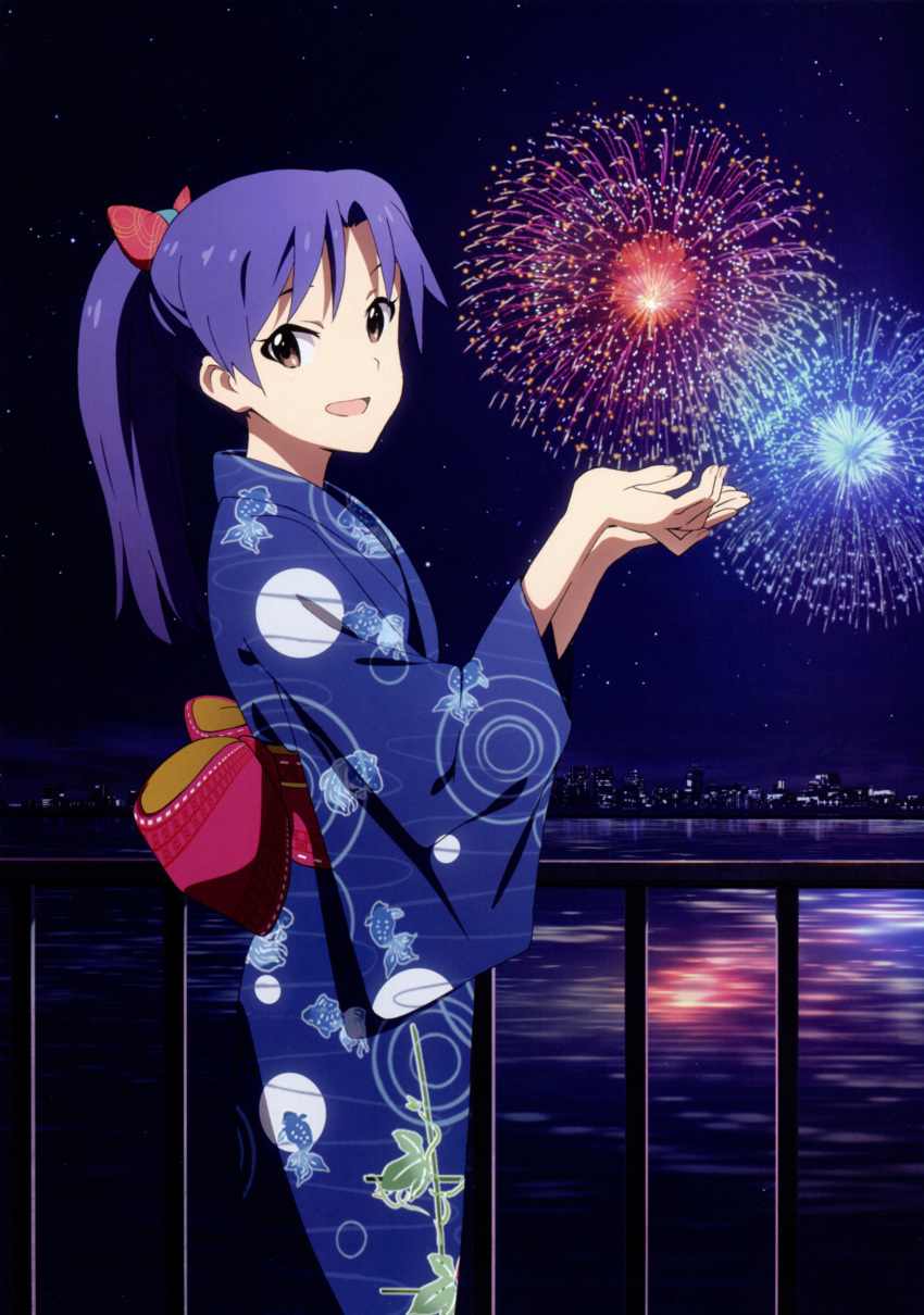 :d absurdres aerial_fireworks akai_toshifumi blue_hair blue_kimono brown_eyes city female fireworks highres idolmaster idolmaster_(classic) japanese_clothes kimono kisaragi_chihaya long_hair looking_at_viewer night official_art open_mouth photoshop_(medium) ponytail railing scan sky smile solo star_(sky) starry_sky water yukata