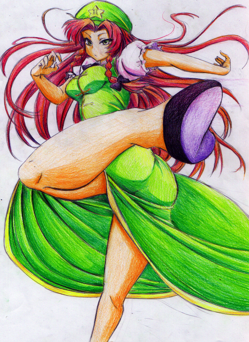 ass bad_id bad_pixiv_id beret braid breasts chinese_clothes colored_pencil_(medium) female fighting_stance hat highres hong_meiling kicking kitazinger kung_fu legs long_hair medium_breasts photoshop_(medium) serious solo star_(symbol) touhou traditional_media twisted_torso