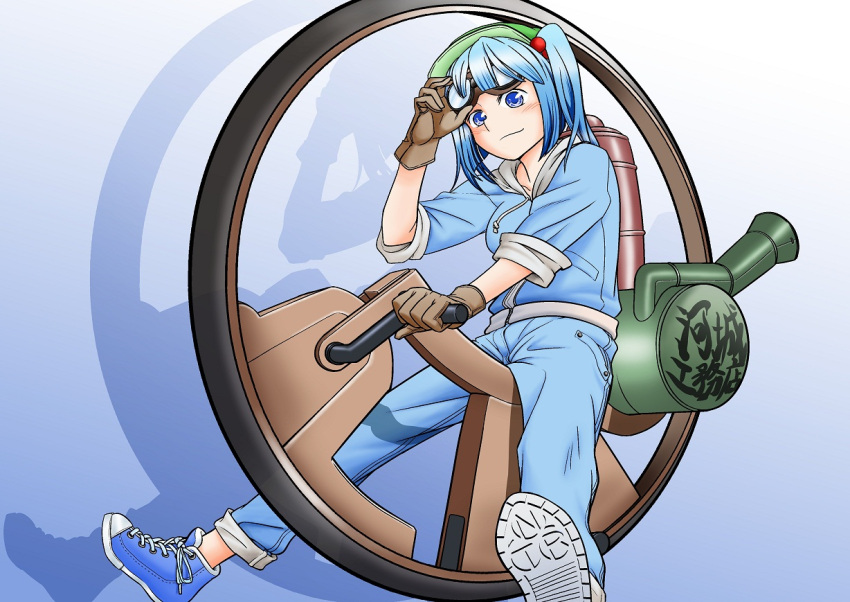 blue_eyes blue_hair commentary_request crossover female fuuzasa gloves goggles goggles_on_head hair_bobbles hair_ornament hat hood hoodie kawashiro_nitori monowheel riding shoes short_twintails sleeves_rolled_up sneakers solo steamboy steampunk touhou twintails two_side_up