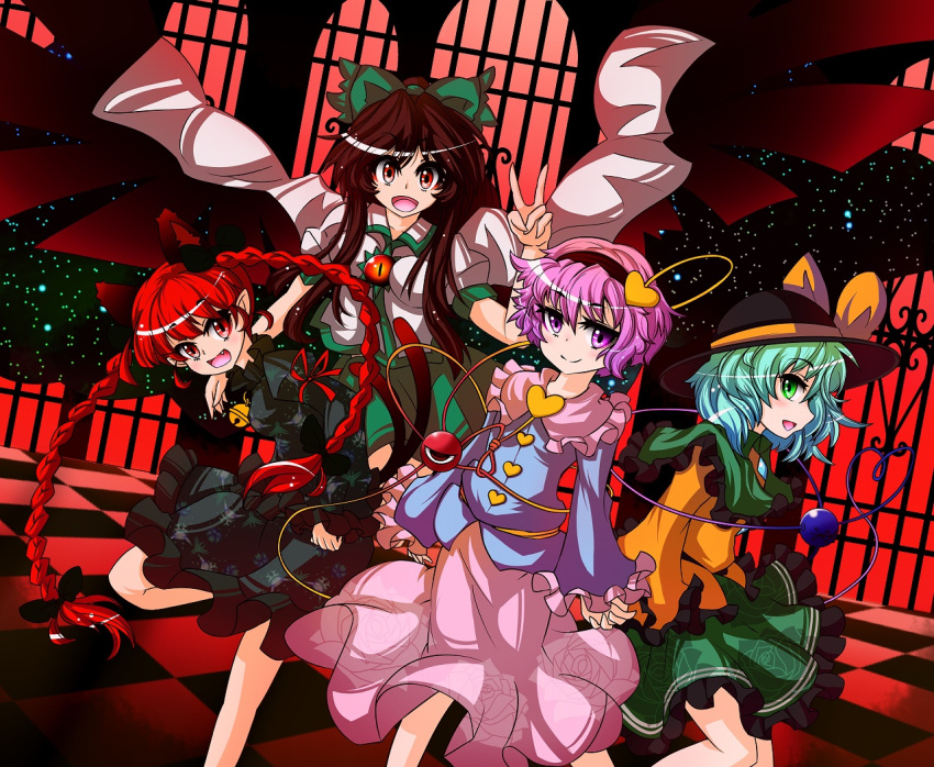 4girls animal_ears black_hair blue_hair blush bow braid cat_ears cat_tail checkered_floor chireiden commentary_request dress green_bow green_eyes green_hair green_skirt hairband hairbow hat heart kaenbyou_rin komeiji_koishi komeiji_satori long_hair long_sleeves multiple_girls open_mouth pink_eyes pink_hair pink_skirt red_eyes red_hair reiuji_utsuho ryouryou short_hair skirt smile tail third_eye touhou twin_braids v wide_sleeves wings