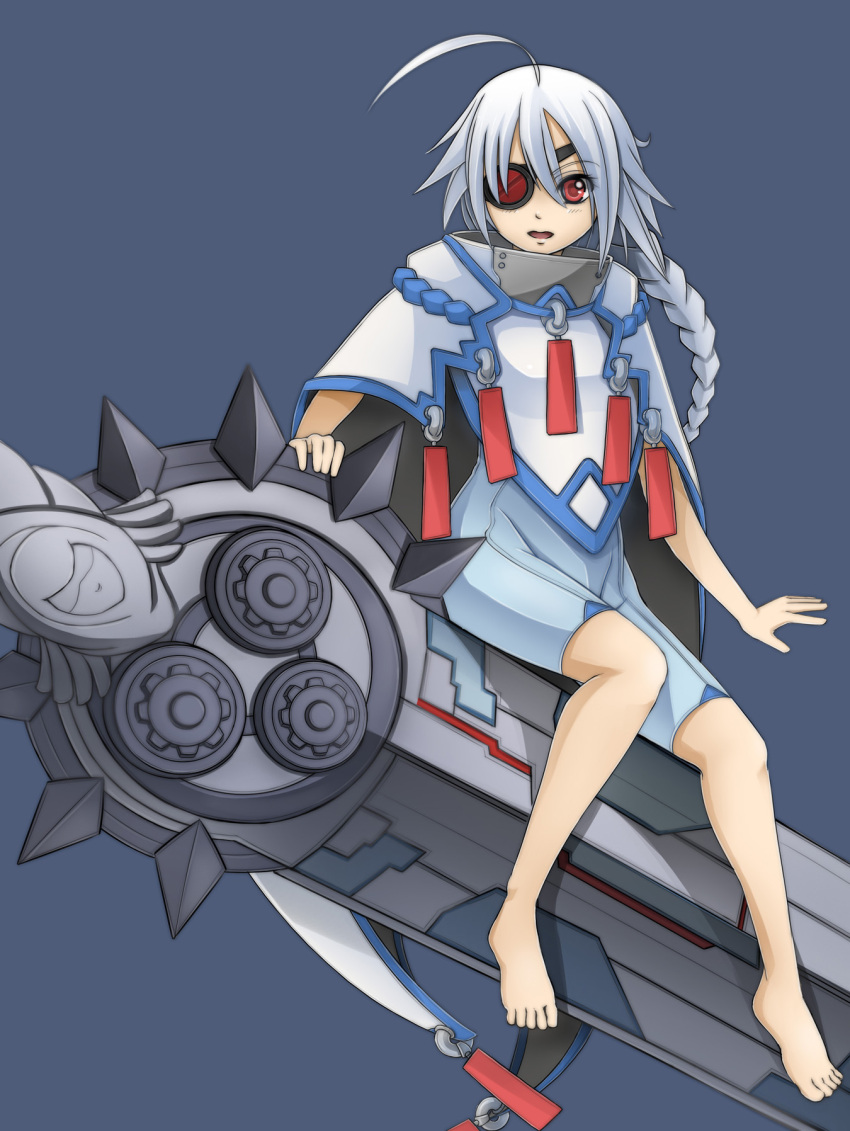 ahoge bad_link barefoot blazblue blue_background bodysuit braid cape eyepatch female grey_hair highres huge_ahoge huge_weapon long_hair nu-13 open_mouth photoshop_(medium) red_eyes single_braid sitting solo sunimu weapon