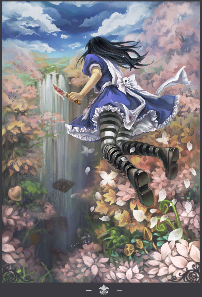 alice:_madness_returns alice_liddell_(american_mcgee's_alice) american_mcgee's_alice bad_id bad_pixiv_id black_hair boots bow cloud day dress female flower frills highres knife moie outdoors pantyhose photoshop_(medium) solo striped_clothes striped_pantyhose water waterfall