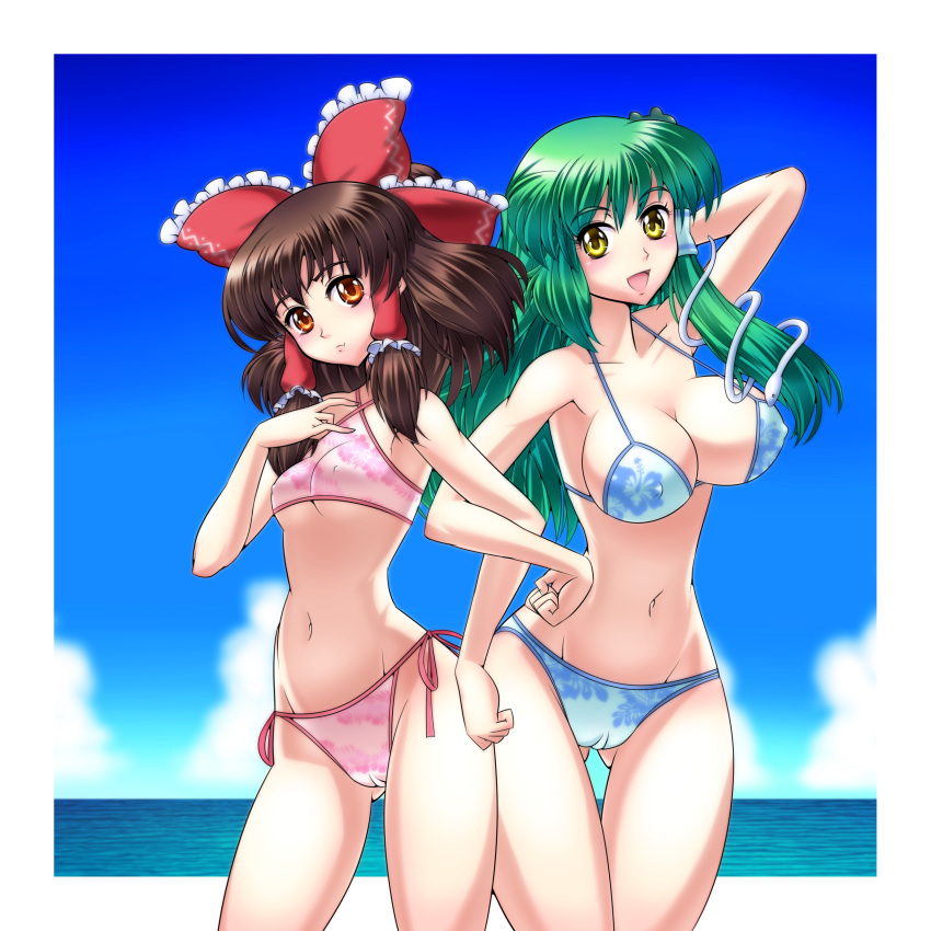 2girls absurdres bad_anatomy bikini bow breast_envy breasts brown_eyes brown_hair cameltoe commentary_request frog_hair_ornament green_hair hair_ornament hair_tubes hairbow hakurei_reimu hand_on_own_hip highres kochiya_sanae large_breasts locked_arms long_hair md5_mismatch multiple_girls ocean raionsan side-tie_bikini_bottom snake_hair_ornament swimsuit touhou underboob yellow_eyes