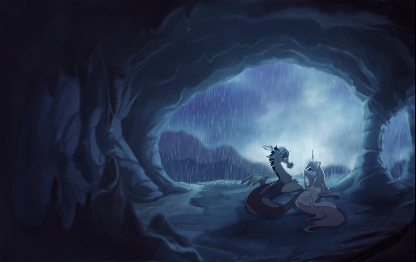 alicorn avoid_posting brown_body cave chimera cutie_mark discord_(mlp) draconequus duo equid equine feathered_wings feathers female feral friendship_is_magic hasbro hi_res horn light limestone lying male mammal moonlight my_little_pony mythological_creature mythological_equine mythology night princess_celestia_(mlp) raining romantic romantic_ambiance romantic_couple spiritto storm white_body wings