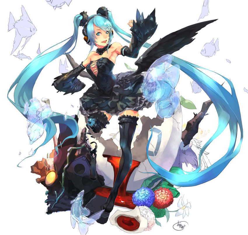 absurdly_long_hair aqua_eyes aqua_hair armpits bigegg detached_sleeves fish full_body hatsune_miku headphones highres long_hair open_mouth skirt solo speaker thighhighs twintails very_long_hair vocaloid