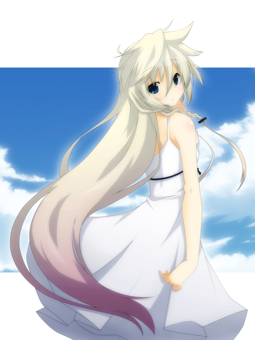 bare_shoulders blonde_hair blue_eyes braid commentary_request dress female gradient_hair highres ia_(vocaloid) long_hair looking_at_viewer looking_back multicolored_hair pink_hair sleeveless sleeveless_dress solo twin_braids very_long_hair vocaloid white_dress yuzuki_kei