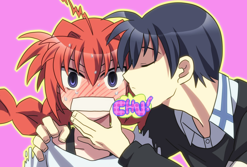 1boy ahoge black_hair blush braid chrono_harlaown closed_eyes commentary_request female hand_on_another's_chin hand_on_shoulder highres hiraki_naori_(boujaku_bujin) kissing kissing_cheek long_sleeves lyrical_nanoha mahou_shoujo_lyrical_nanoha mahou_shoujo_lyrical_nanoha_a's open_mouth orange_hair purple_eyes simple_background twin_braids vita_(nanoha)